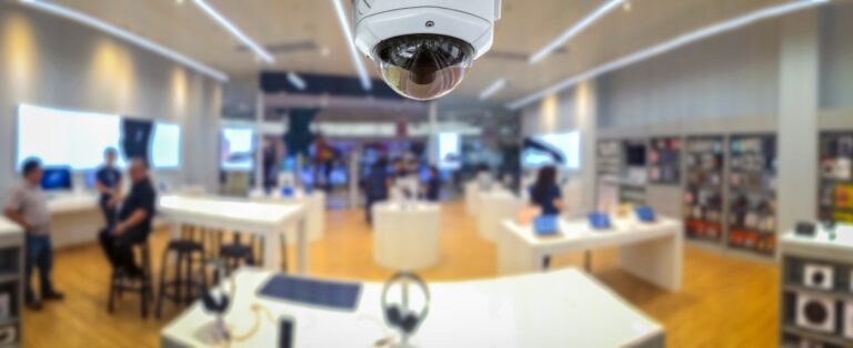 A view inside a tech store in Panama City, FL, showcasing various gadgets and a security camera, emphasizing Neves Media's local presence.