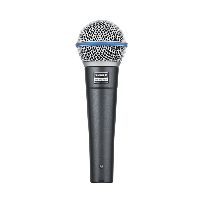 A Shure Beta 58A microphone, ideal for vocal performances and recordings, available at Neves Media in Panama City, FL.