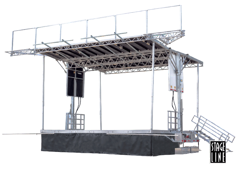 A mobile stage setup with a metal frame, suitable for events and performances. Neves Media offers event solutions in Panama City, FL.