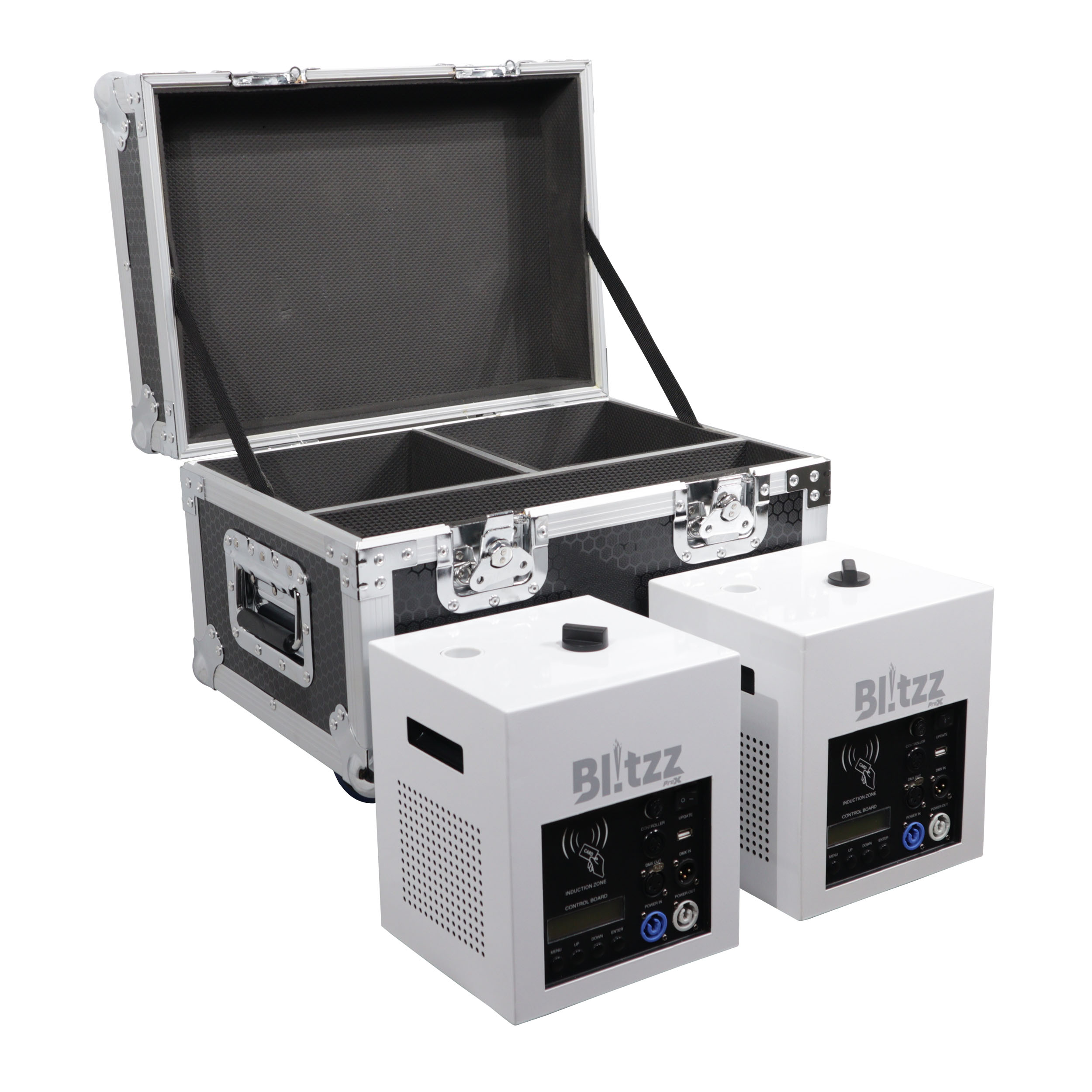 Equipment case holding two Blitzz devices, ideal for events and media production in Panama City, FL. Contact Neves Media for services.