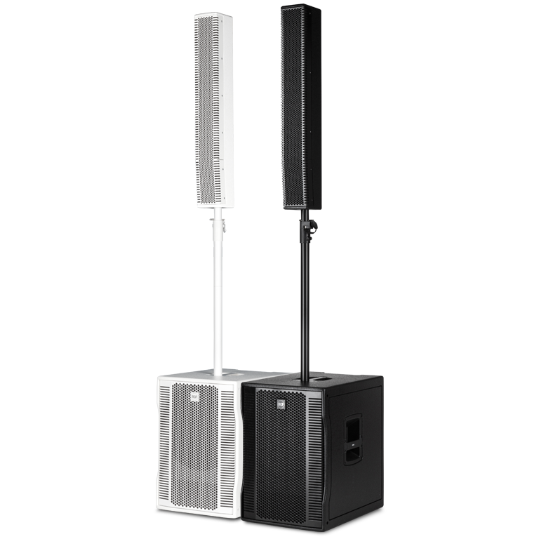Two stylish portable speakers in black and white, ideal for events and gatherings in Panama City, FL. Trust Neves Media for your audio needs.