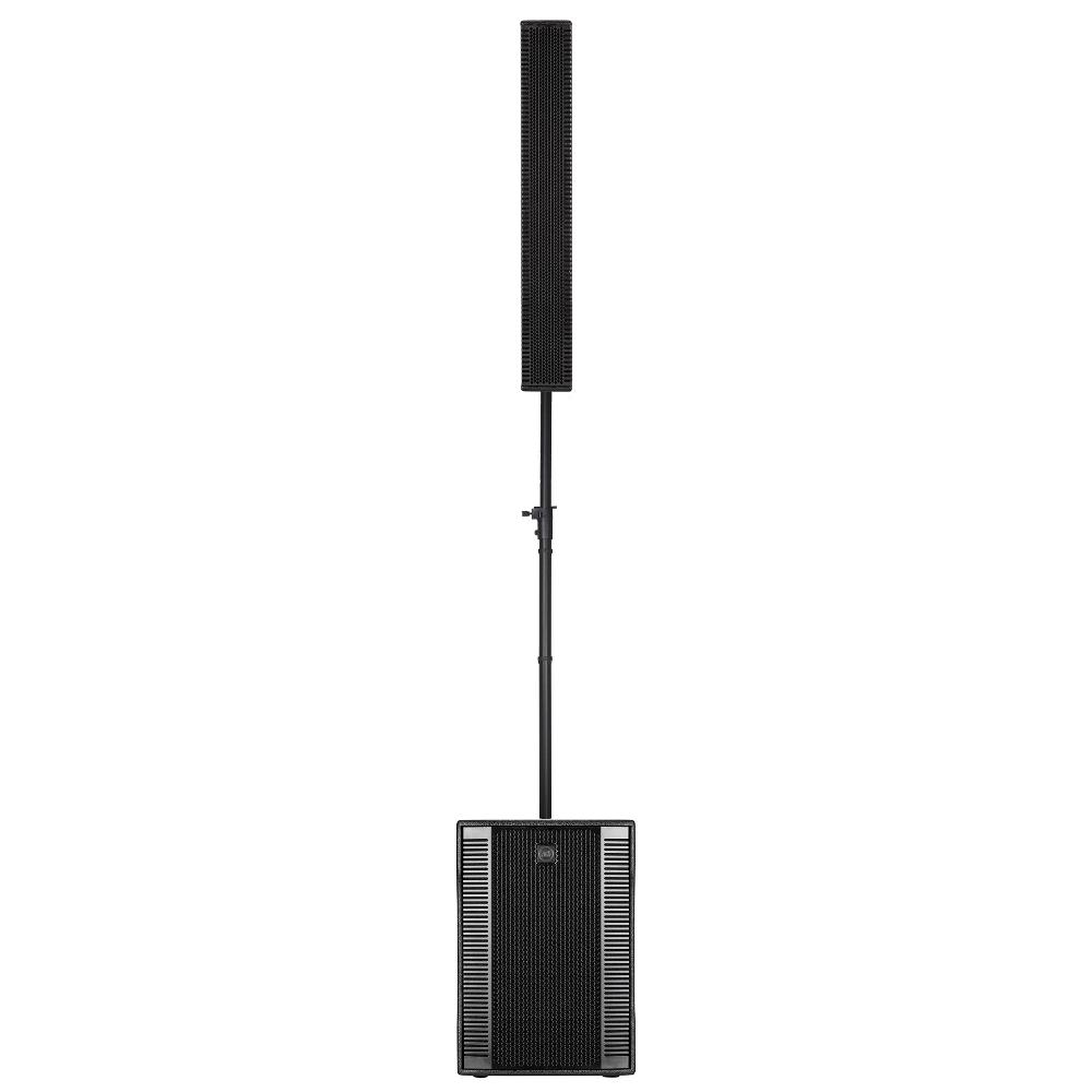 A portable sound system setup featuring a tall speaker and subwoofer, perfect for events in Panama City, FL. Contact Neves Media for services.