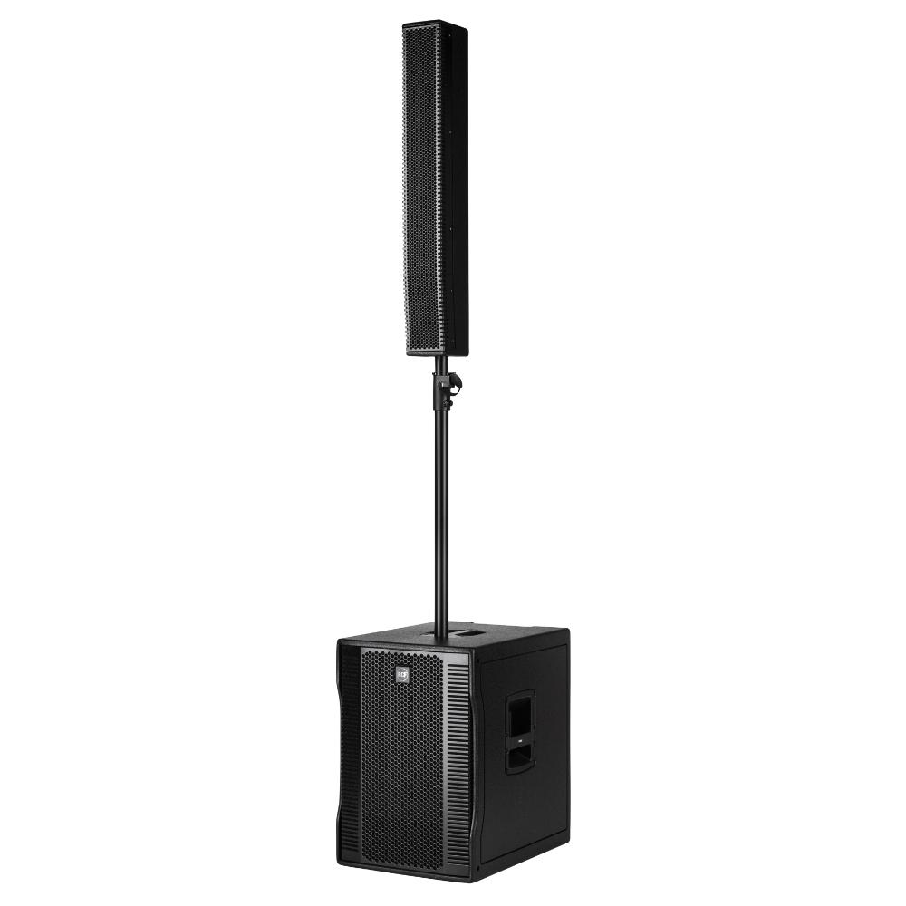 Professional audio equipment setup featuring a tall speaker and subwoofer, ideal for events in Panama City, FL. Neves Media offers audio solutions.