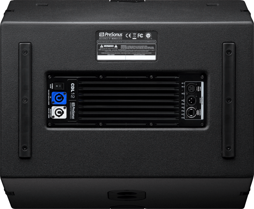 Back view of a PreSonus CDL12 speaker, featuring input and output ports, ideal for audio needs in Panama City, FL, by Neves Media.