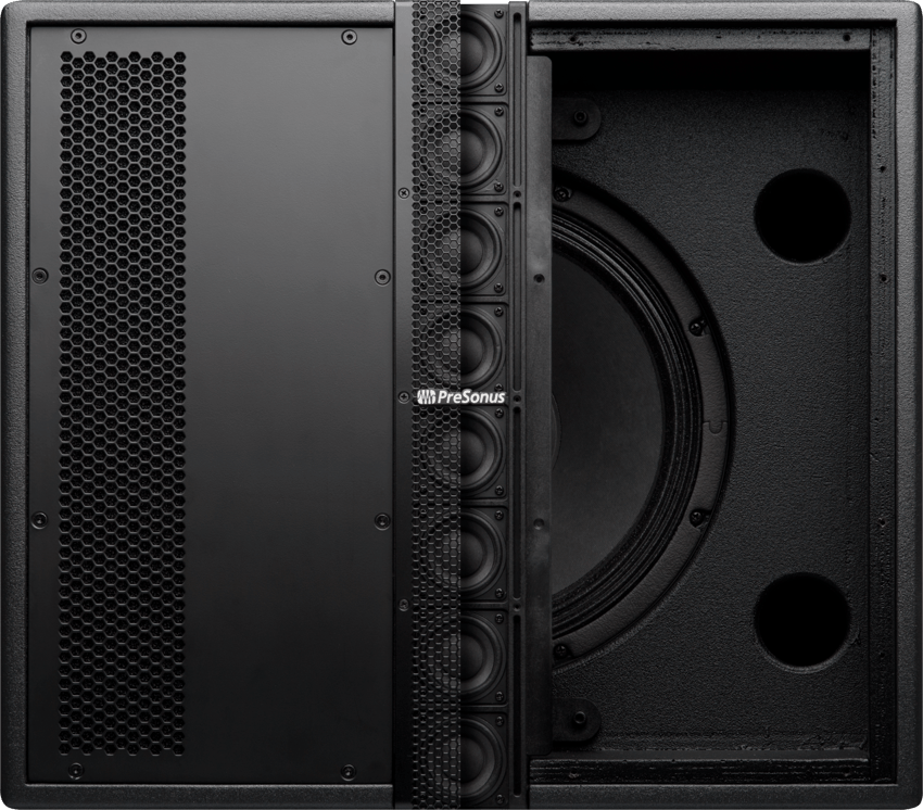 Close-up of a professional audio speaker system. Neves Media offers top-notch media services in Panama City, FL, enhancing your audio experience.