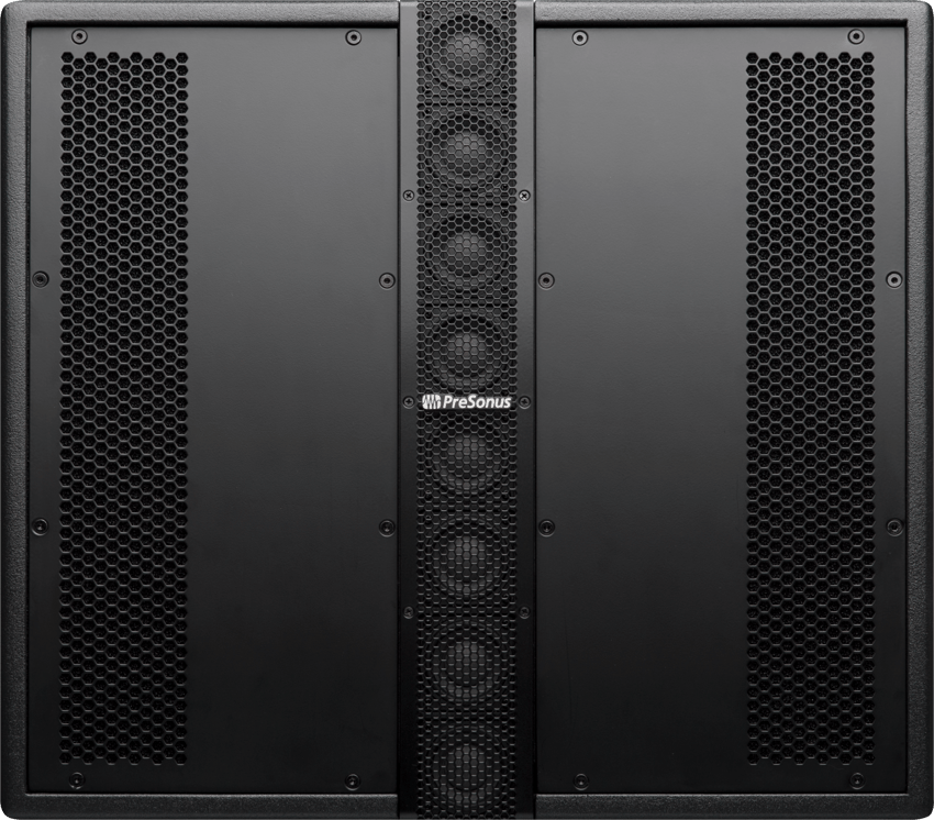 A black audio speaker system with a honeycomb grille design, featuring the logo "PreSonus." Neves Media provides top-notch media services in Panama City, FL.
