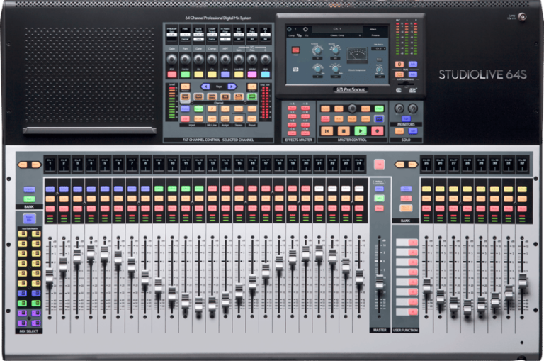 A digital mixing console, the PreSonus StudioLive 64S, used for professional audio production in Panama City, FL by Neves Media.