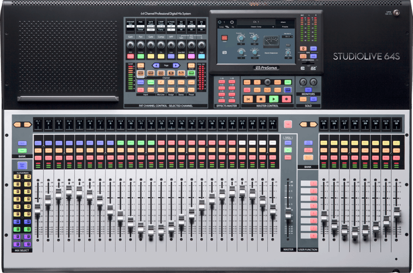 A digital mixing console, the PreSonus StudioLive 64S, used for professional audio production in Panama City, FL by Neves Media.
