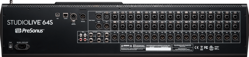 The back view of a PreSonus StudioLive 64S mixer, featuring multiple inputs and outputs, ideal for music production in Panama City, FL. Neves Media.