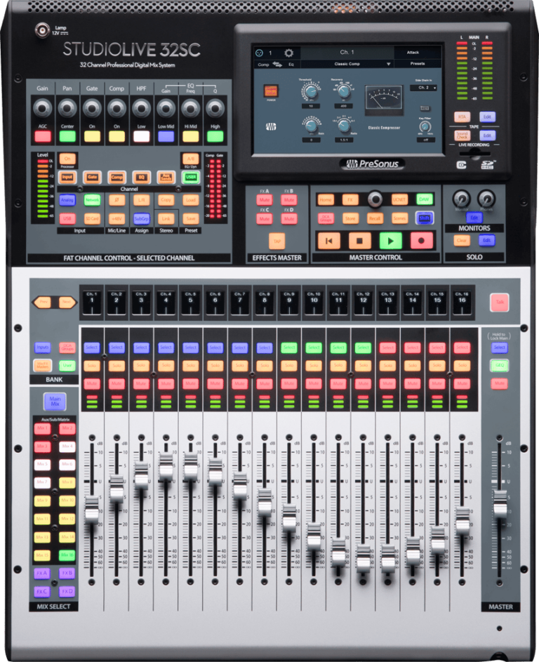 A digital mixing console with various controls and sliders, essential for audio production. Neves Media offers professional services in Panama City, FL.