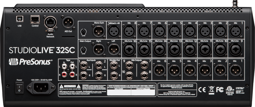 Back view of a PreSonus StudioLive 32SC digital mixer, featuring multiple inputs and outputs for professional audio setups in Panama City, FL.