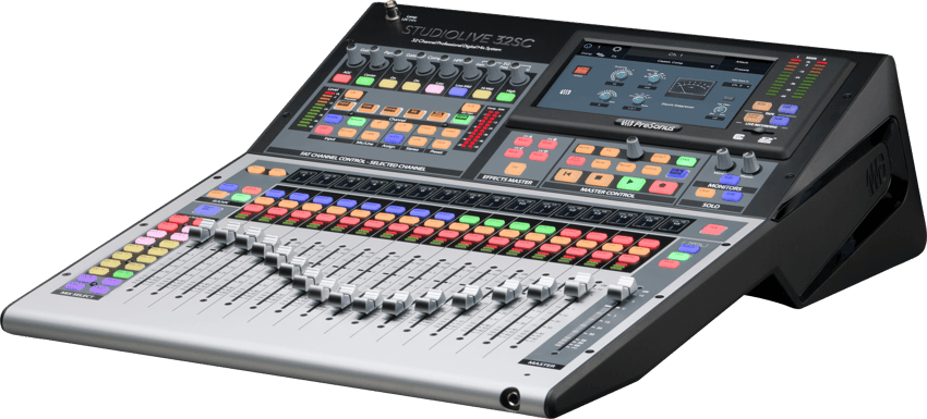 A digital audio mixer, the PreSonus StudioLive 32SC, showcasing various controls and colorful buttons, ideal for professional sound mixing in Panama City, FL.