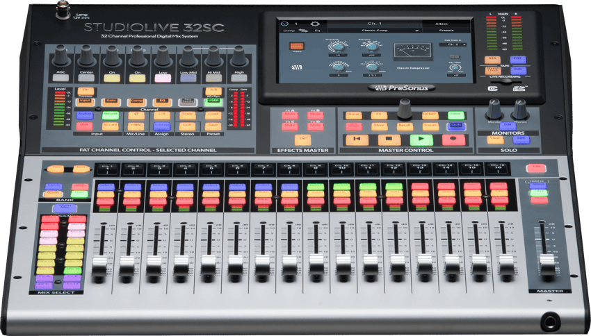 A detailed view of the PreSonus StudioLive 32SC digital mixing console, ideal for audio professionals in Panama City, FL, seeking quality sound solutions from Neves Media.