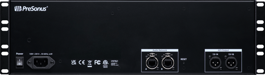 The back panel of a PreSonus audio device, featuring power connections and audio network ports, ideal for audio setups in Panama City, FL.